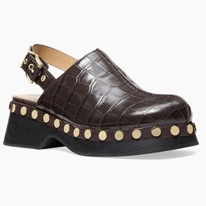 Michael Kors Dark Brown Croc-Embossed Clogs with Gold Studs